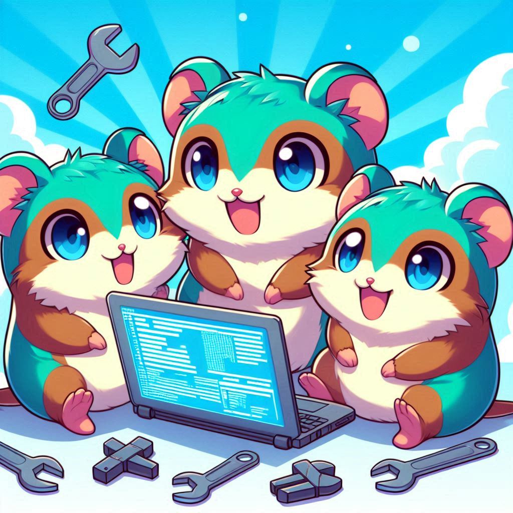 teal coloured gophers cross-compiling an application with spanners, anime cartoon