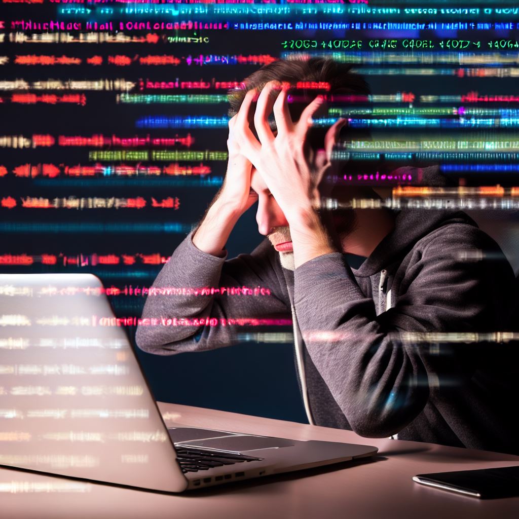 a programmer at a laptop panicking over having a substantial amount of code abstract in the background