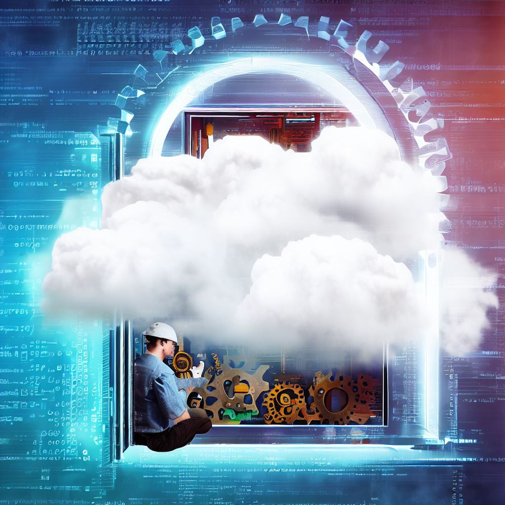 A cloud containing an open door showing gears inside, being tinkered at by an engineer wearing a hard hat against an abstract background of code