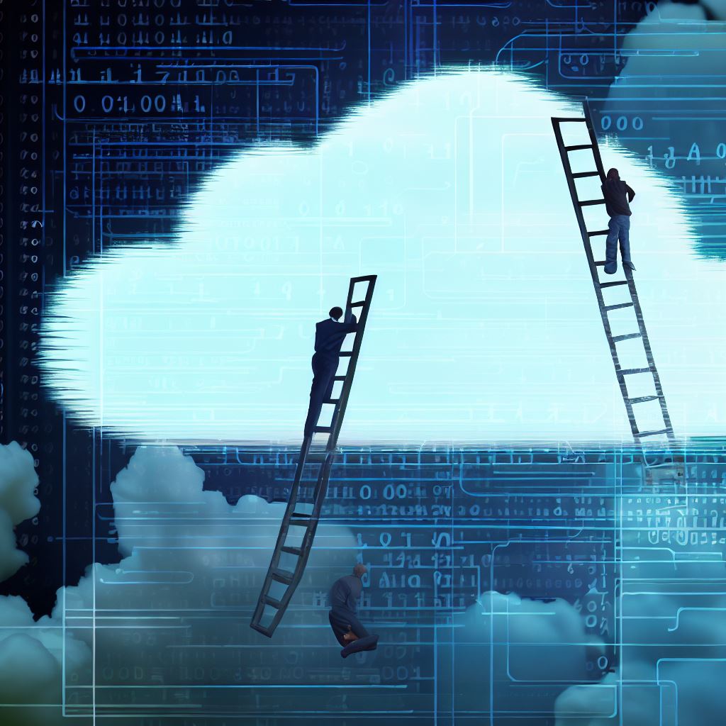 A cloud being constructed by programmers climbing over it with ladders against an abstract background of code