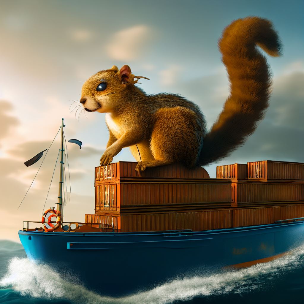 A squirrel driving a ship on the sea with docker containers in the back