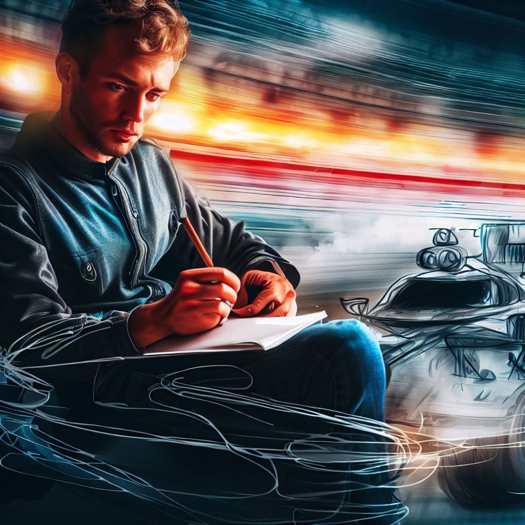 A writer with a pencil drawing art around a track while sitting in a formula one car